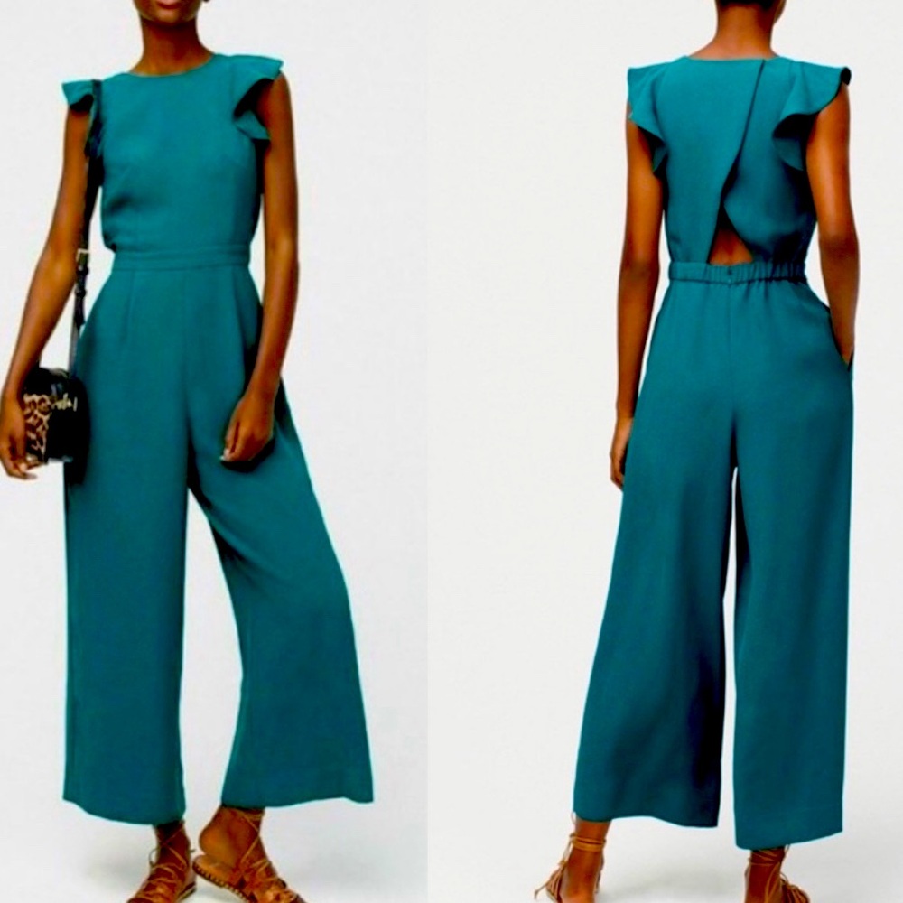 J. Crew Sleveless Ruffle Crepe Green Jumpsuit Size 4